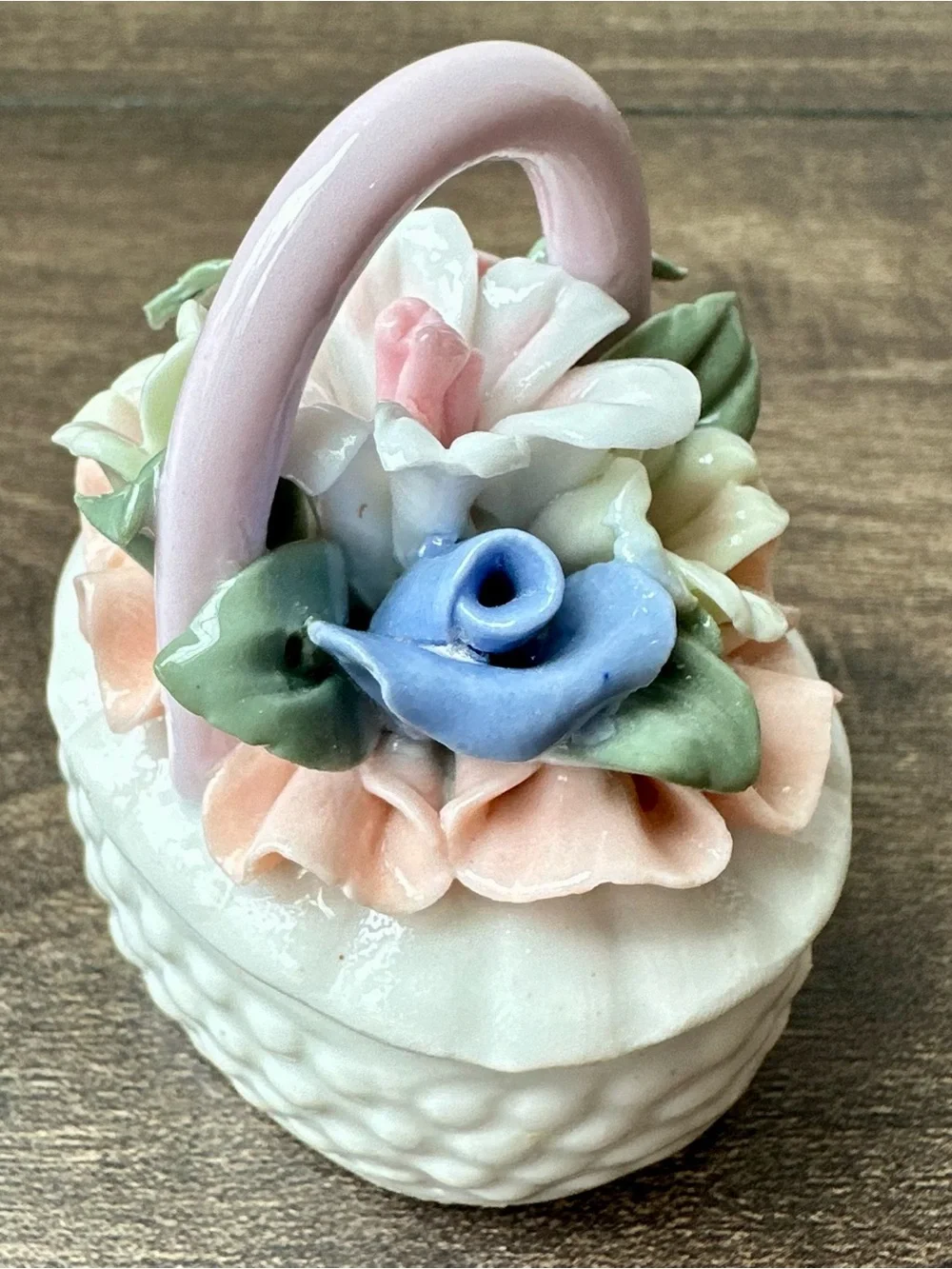 Vintage Capodimonte Style Porcelain Floral Basket Trinket Box - Tiny Chip